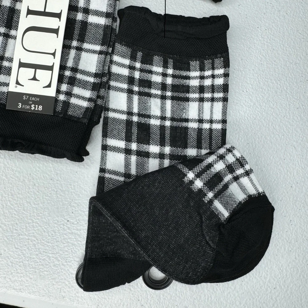 HUE Black White Plaid Femme Top Socks One Size Low Cut New 4 Pairs‎